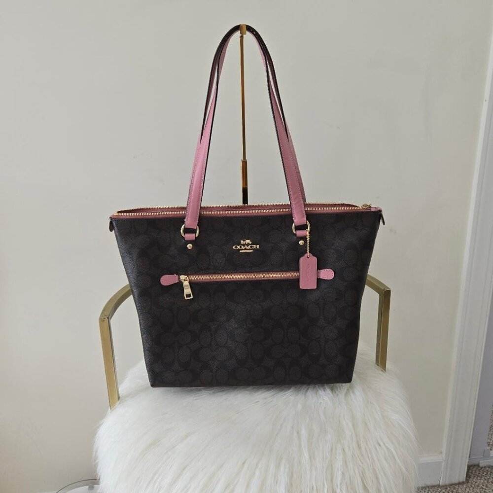 Coach Gallery Tote Shoulder Bag In Signature Canvas Gold/Brown/True Pink